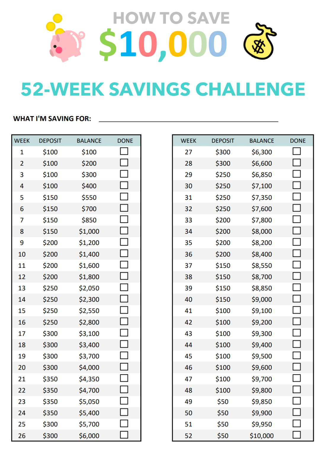 52 Week Money Challenge Printable Free