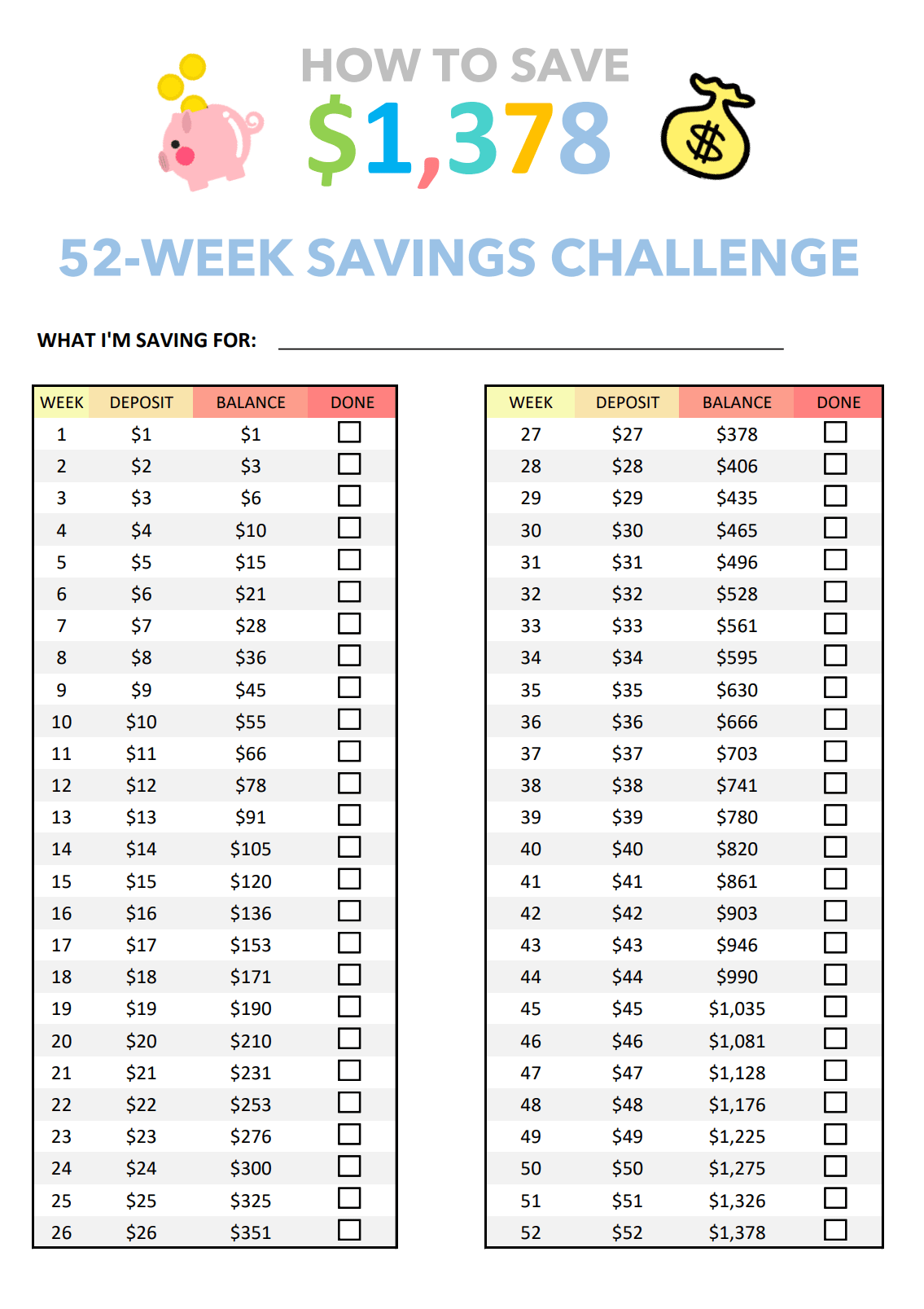 52 Week Money Challenge Printable Happythrifty